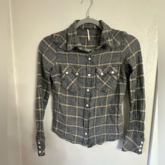 Free People Long Sleeve Button/Snap Down Shirt Blue Plaid Women Size XS - Picture 1 of 12